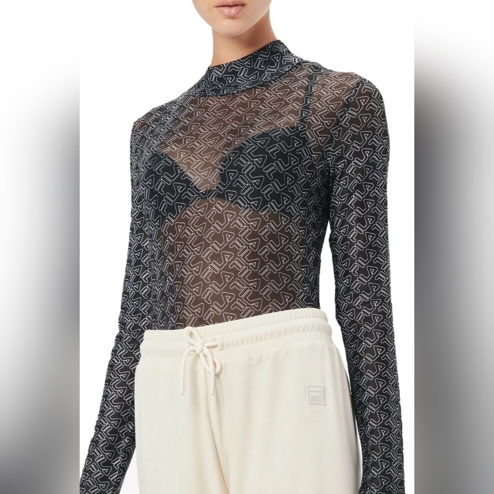 NWT Fila "Gaganga Sheer Bodysuit" Logo Black White Mock Neck | Women's Size S - Picture 4 of 11